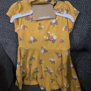 Girls' Mustard Yellow Floral Rib-Knit Dress with Matching Headband